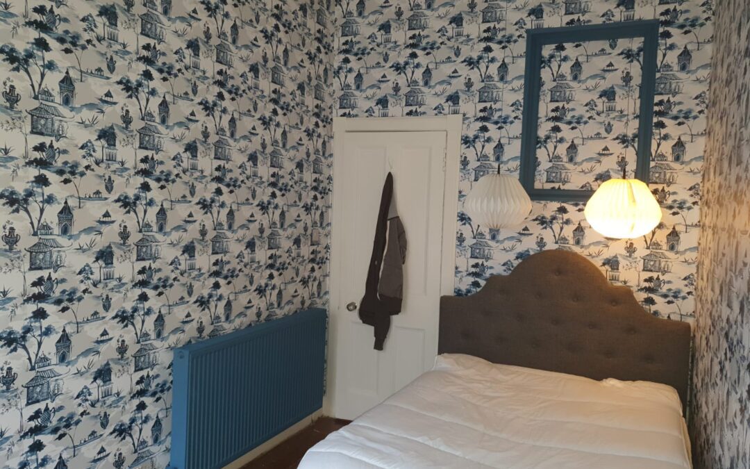 Pagoda Blue Wallpaper Hanging, Edinburgh