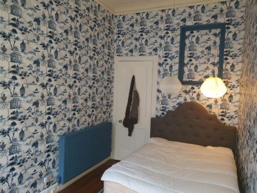 Pagoda Blue Wallpaper Hanging, Edinburgh