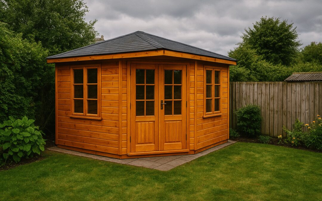 Wide-angle photo of a summerhouse in an Edinburgh garden, freshly treated with natural oil finish, surrounded by greenery under overcast Scottish sky.