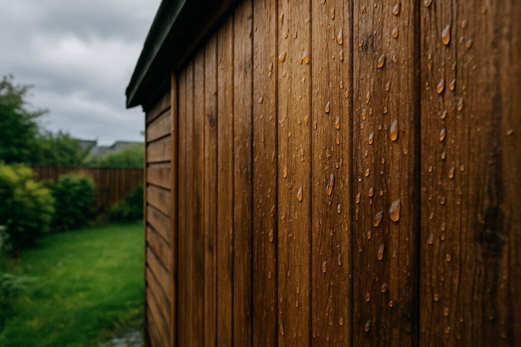 Close-up of rain droplets on untreated wooden shed wall in a damp Edinburgh garden, showing moisture damage risk under overcast sky.