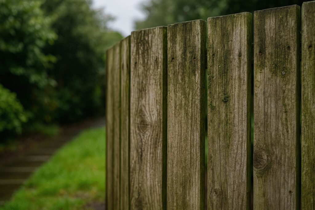Old wooden fence in a UK garden with visible cracks, greying timber, and signs of mould caused by damp weather conditions.