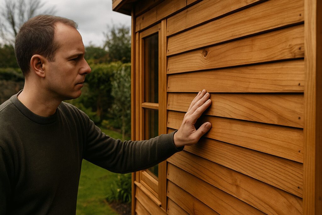 Homeowner checking summerhouse cladding for signs of rot and cracks, Edinburgh garden in background, natural realistic photography.