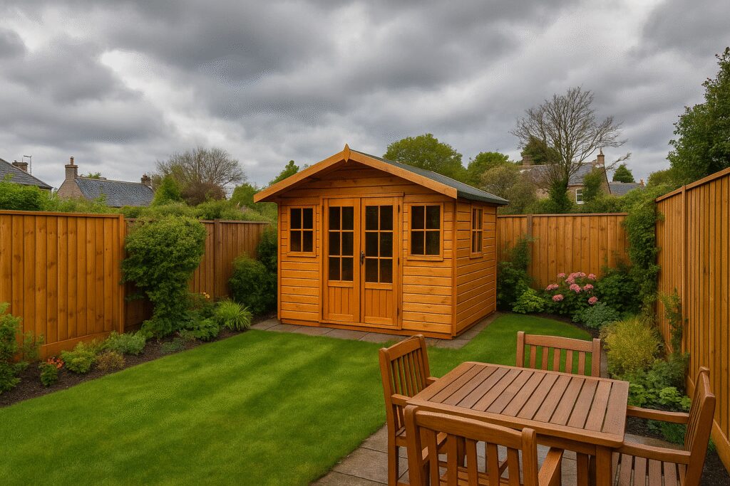 Traditional Edinburgh garden featuring a wooden summerhouse, fences, and furniture, all freshly treated with natural oil finish under cloudy Scottish sky.